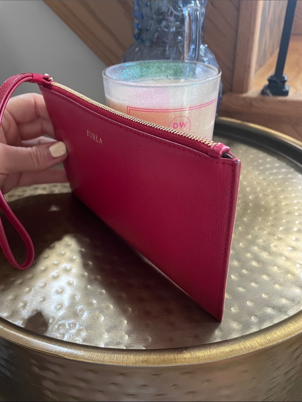 Furla Raspberry Red Leather Wristlet Clutch Zippered Wrist Strap - Picture 4 of 10